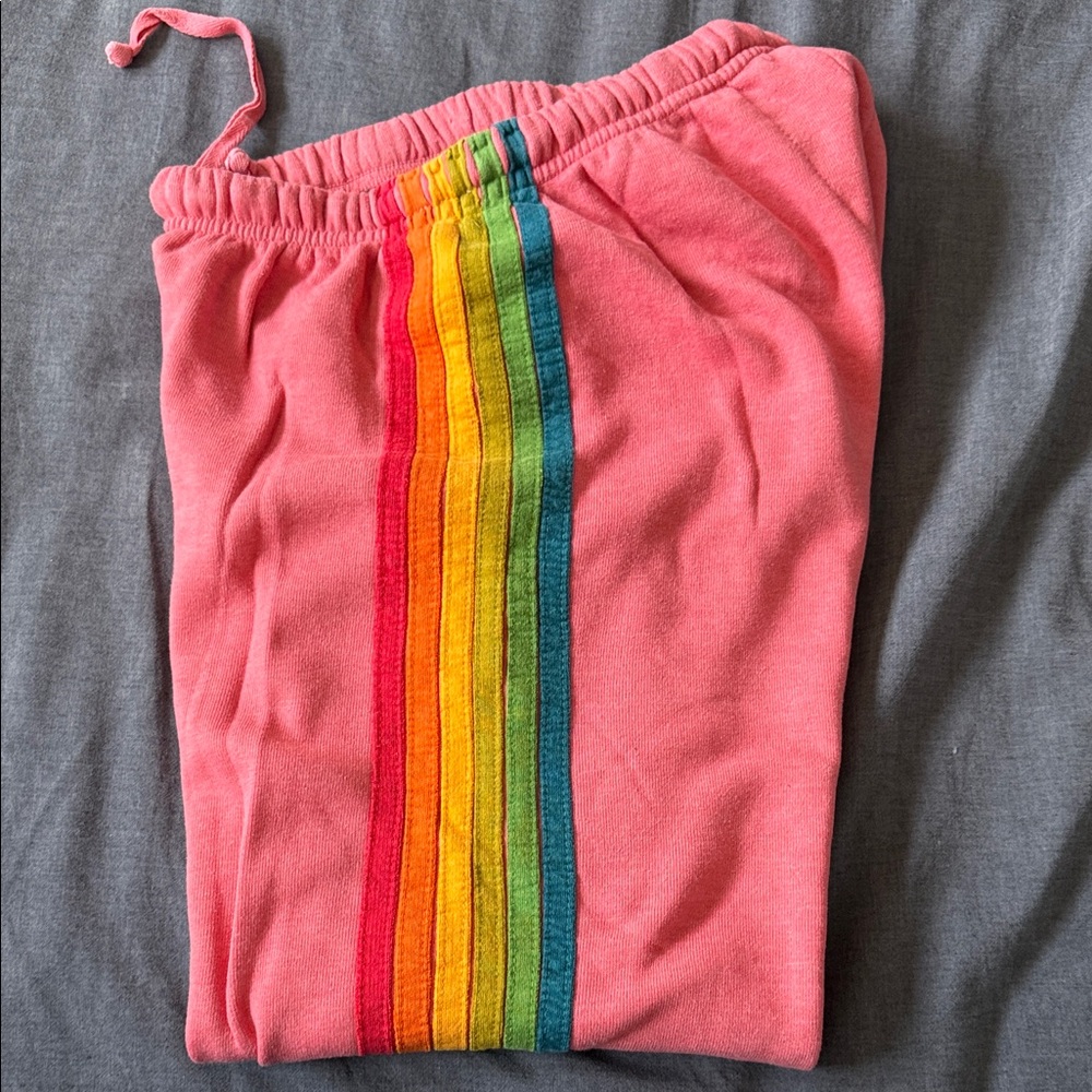 Aviator Nation Pink Joggers with Rainbow Stripes